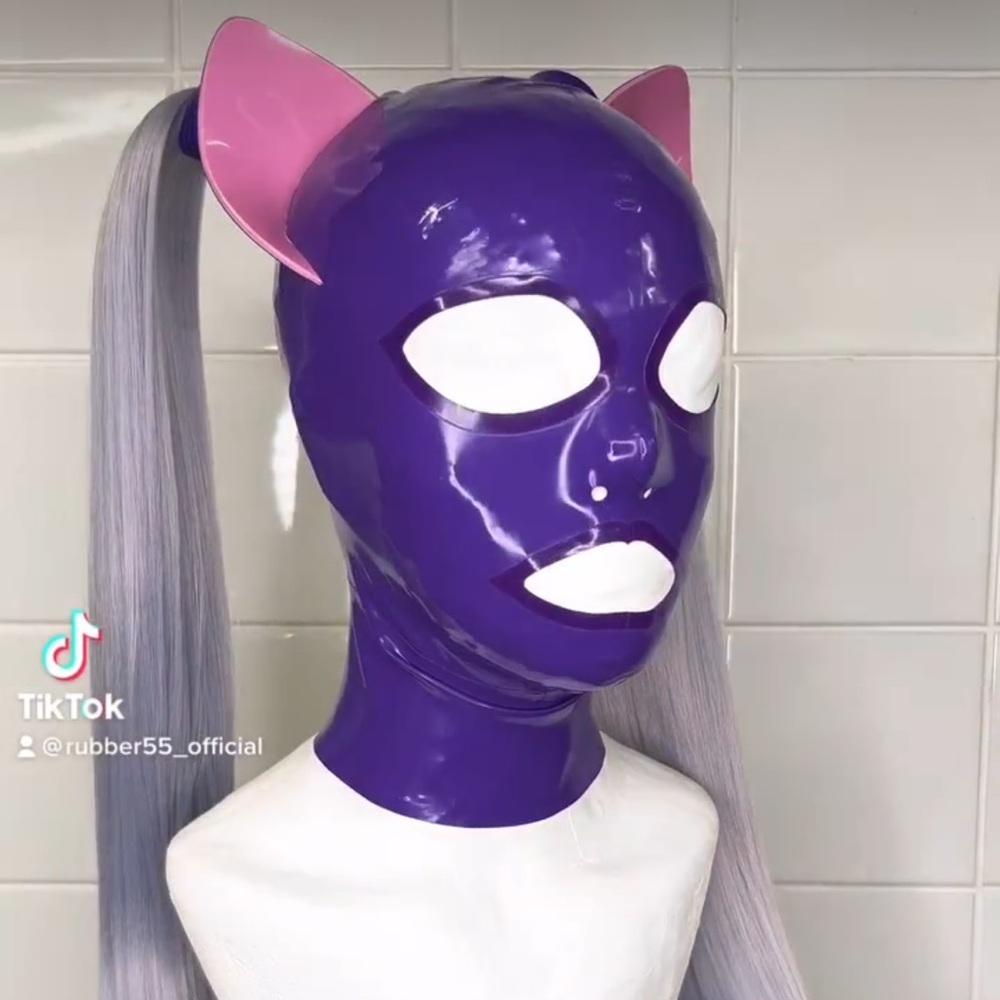 Purple & Pink Latex Kitty Mask w Silver Pigtails